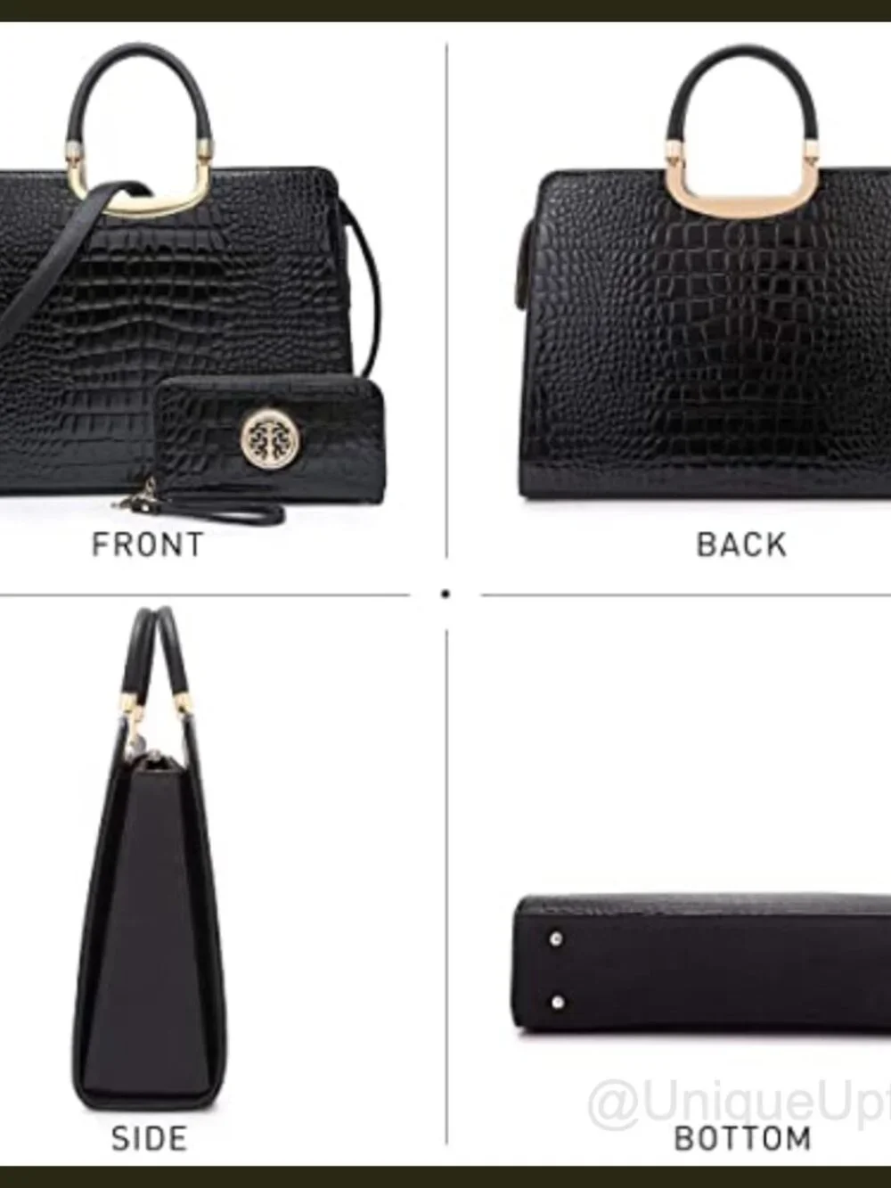 Vegan PU Croco Textured Satchel Handbag with Matching Wallet Work Tote